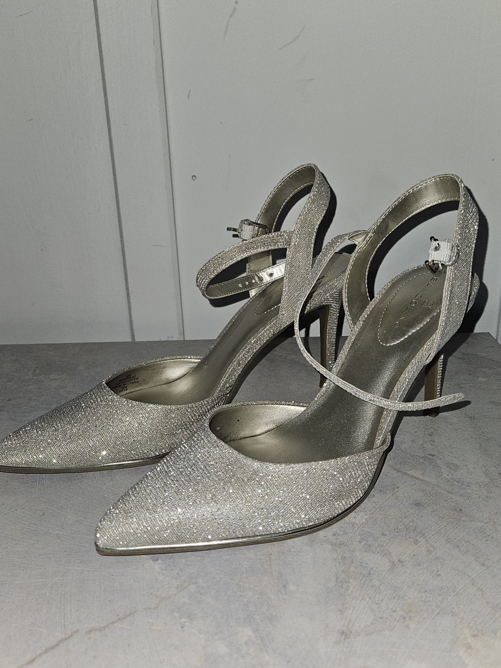 Bandolino Silver Glitter Pointed-Toe Ankle-Strap Heels